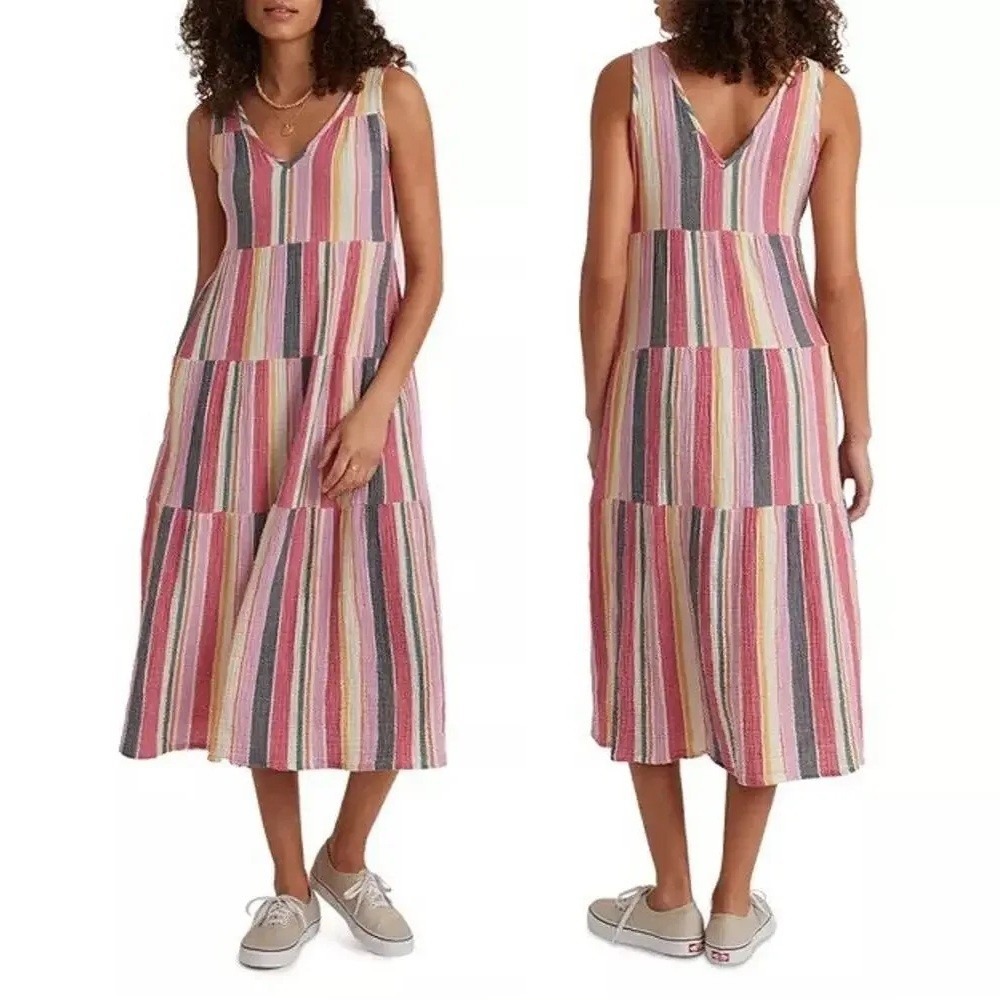 Marine Layer Corinne Tiered Cotton Gauze Maxi Dress Size M Striped Sleeveless
